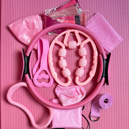 Dovrikan Five-Piece Pilates Set with Stretching Strap, Ball and Ring - Pink
